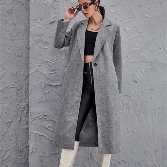 Gray peacoat long trench jacket classic coat - Picture 2 of 5